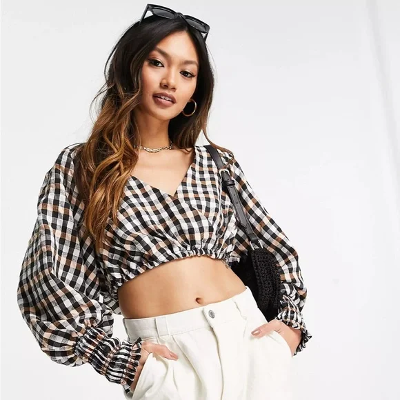ASOS Tops Asos Design Seersucker Check Wrap Shirred Sleeve